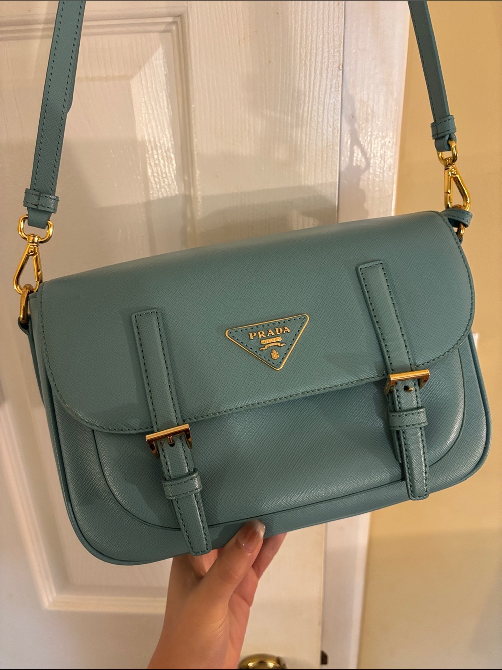 Prada Aqua Saffiano Crossbody with Gold Hardware